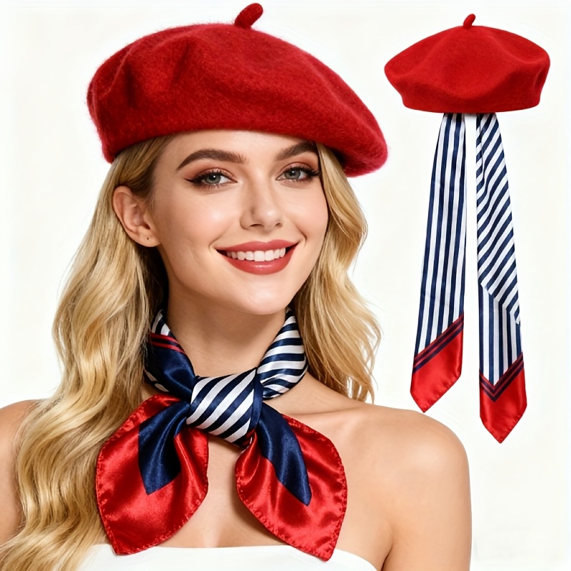 Ensemble chapeau et écharpe pour femme, 2 pièces, pour l'automne et l'hiver, béret pour femme avec nœud papillon, petit foulard carré, adapté aux chapeaux décoratifs pour femme
