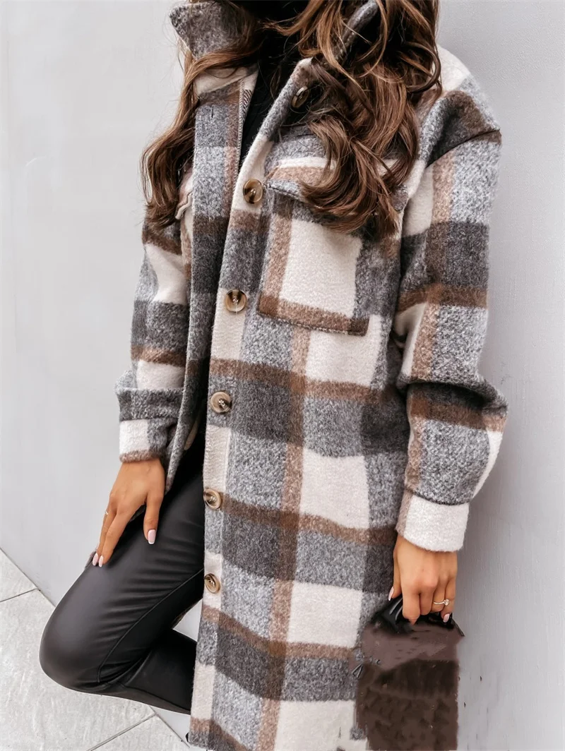 Femmes vérifier Tweed chemise longue automne hiver épaissi chaud simple boutonnage Cardigan Blouse femme décontracté Double poches vêtements d'extérieur