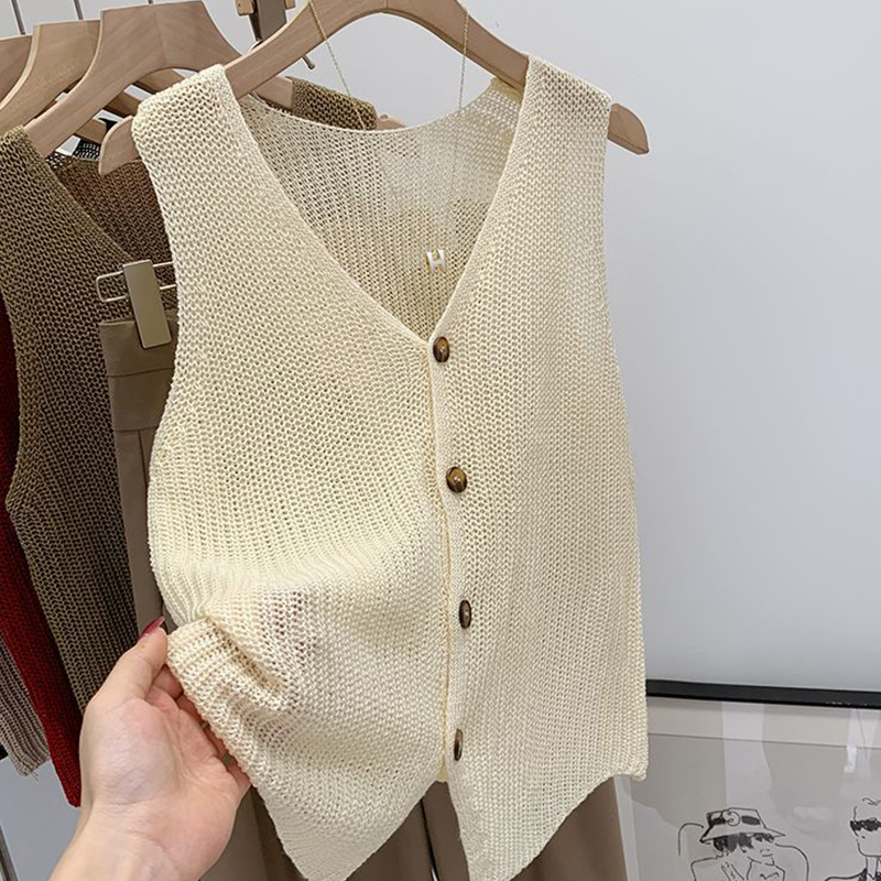 Gilet d'été coréen en coton et lin pour femmes, mode décontractée, couleur unie, ample, col en v