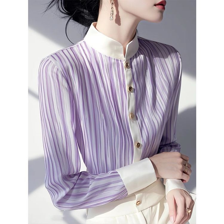 Chemise en mousseline de soie pour femmes, nouveau Cardigan Unique à manches longues avec boutons rayés contrastés gris, printemps