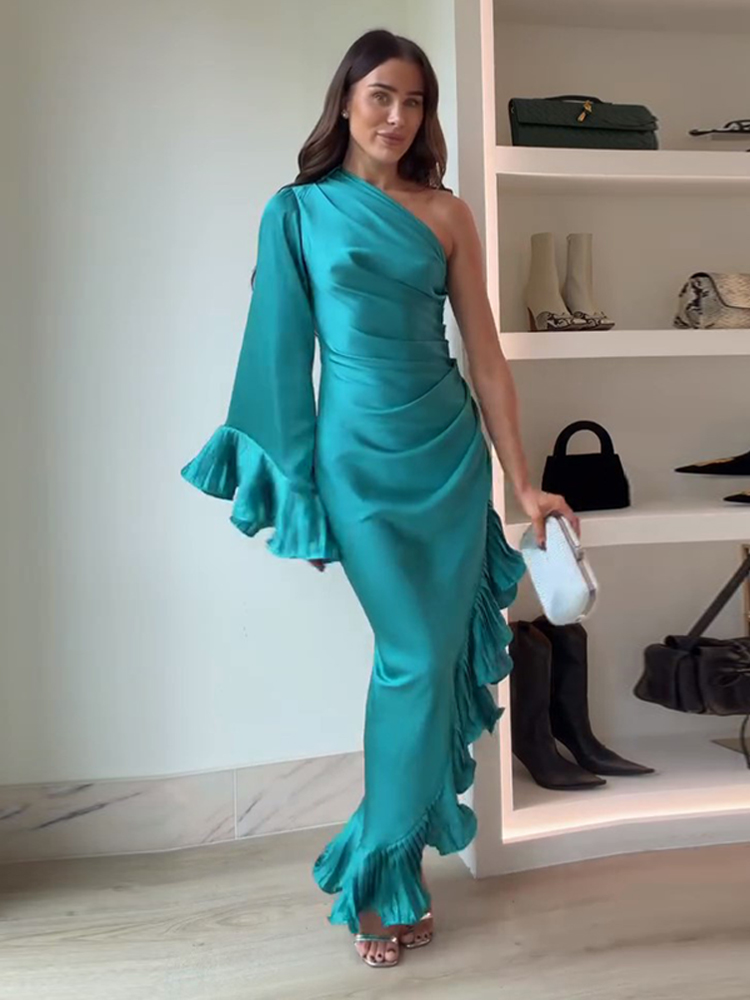 Robe longue en satin pour femme, asymétrique, chic, à volants, bleue, amincissante, élégante, pour soirée, printemps-été 2026