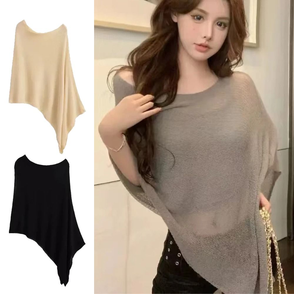 Châle cape ample irrégulier pour femme, en soie glacée tricotée, fin, léger, protection solaire, style pull, idéal comme cadeau