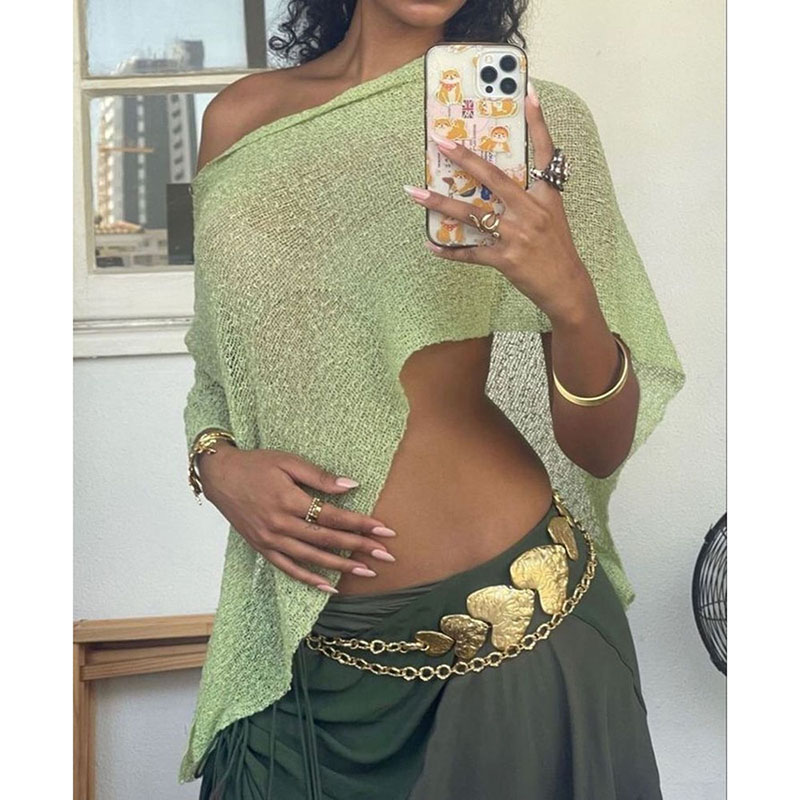 Couvre-maillot de bain bohème pour vacances à la plage, hauts courts en maille irrégulière, esthétique Y2k, haut poncho transparent pour femmes, couvre-maillot sans bretelles en maille.