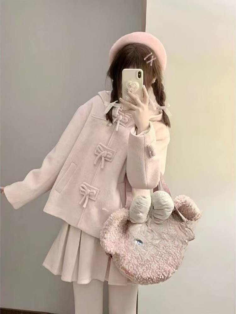 Ensemble 2 pièces en laine rose pour femme, manteau chaud avec nœud + Mini jupe plissée, mode japonaise, tenues de princesse Kawaii, nouvelle collection hiver 2025