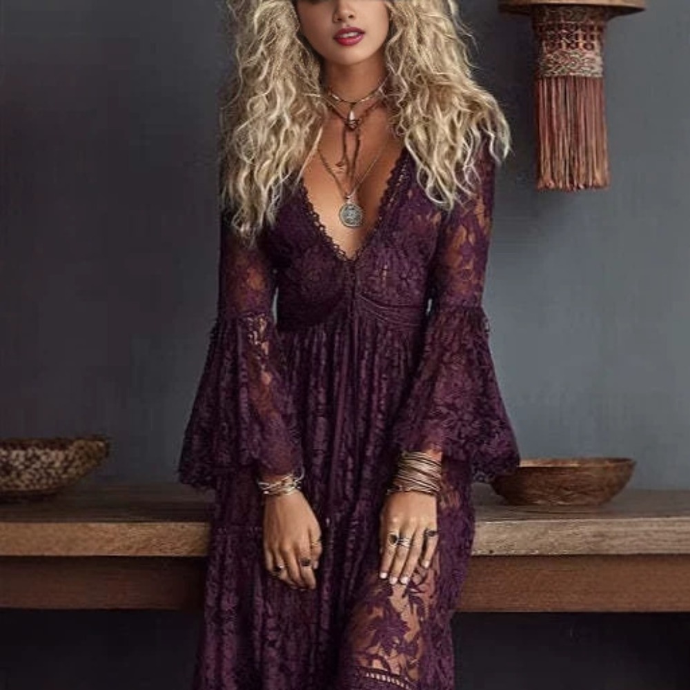Robe longue élégante en dentelle pour femme, col en V, taille haute, manches longues, style bohème, transparente en maille, décontractée, pour les vacances et les soirées