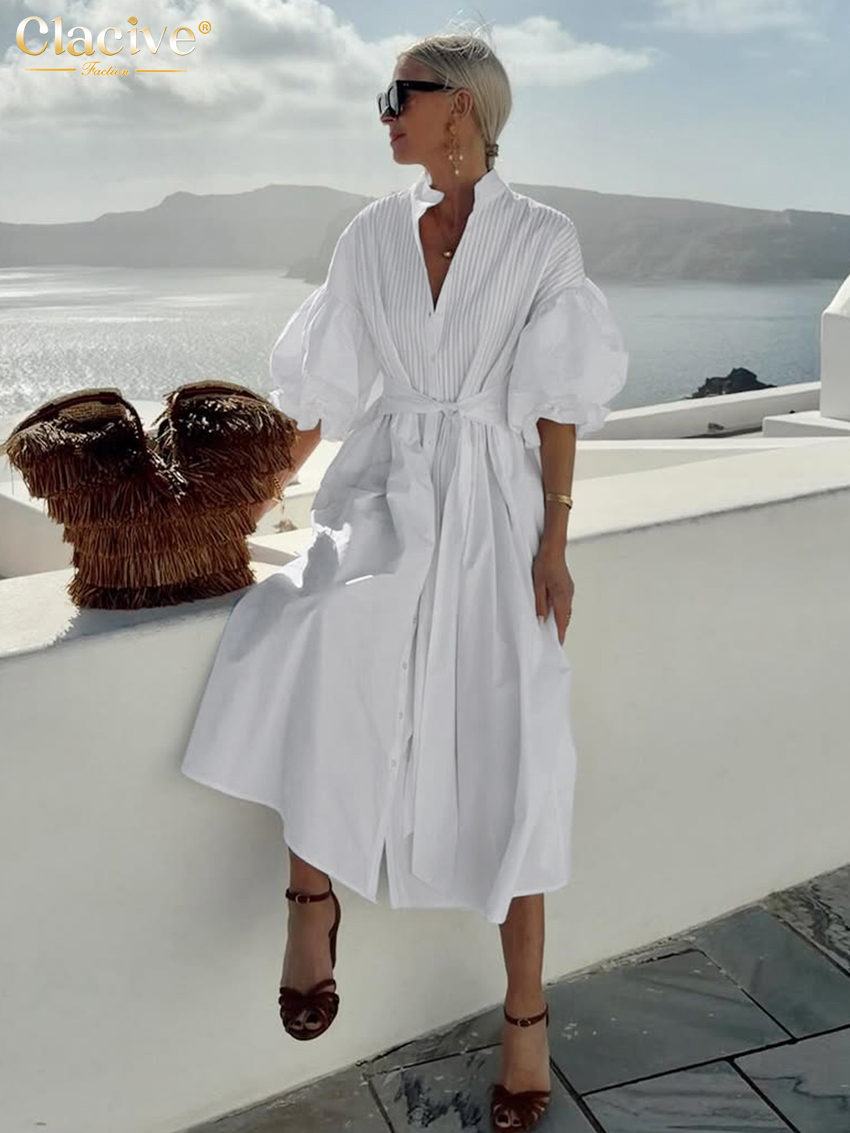 Robe décontractée en coton blanc ample pour femme Clacive Fashion, col montant, manches mi-longues, robes midi élégantes, robe classique à lacets pour femme