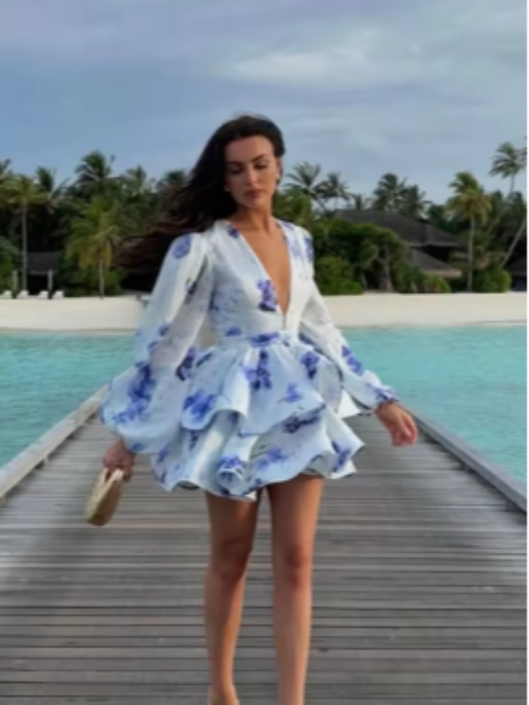 Robe Mini à Manches Évasées Imprimée Col en V Douce et Tendance Élégante Plissée à Découpes Robe Trapèze Nouvelle Robe de Soirée pour Femme