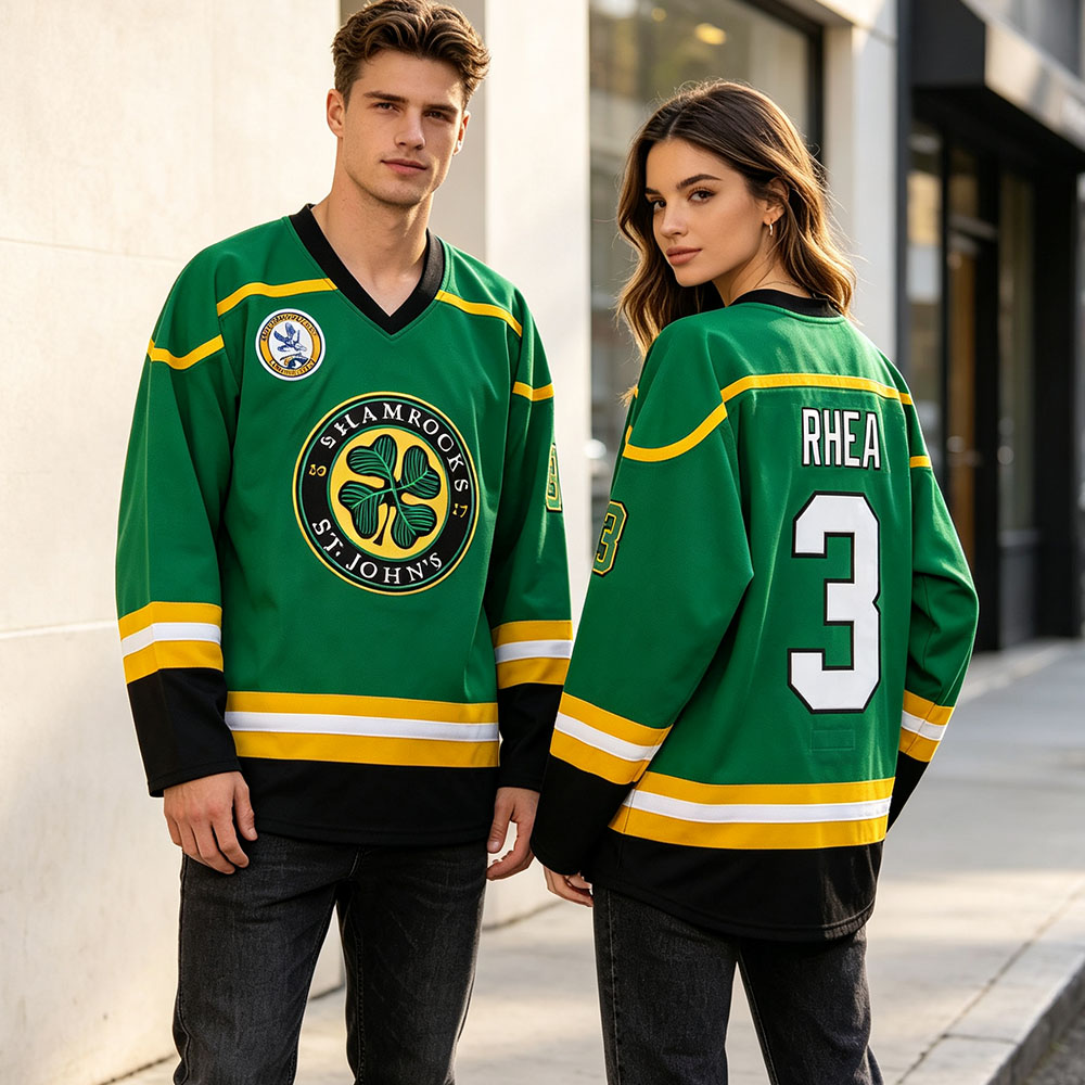 Maillot de hockey sur glace vintage unisexe, motif trèfle vert, manches longues, col en V, chemise de sport en maille, hauts amples de style streetwear pour hommes et femmes