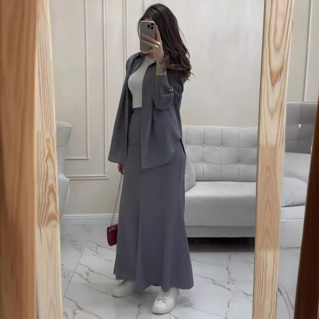 Chemise à manches longues à col rabattu pour femmes, ensembles de jupe, coupe couvertes, taille haute, robe sexy, 2 pièces
