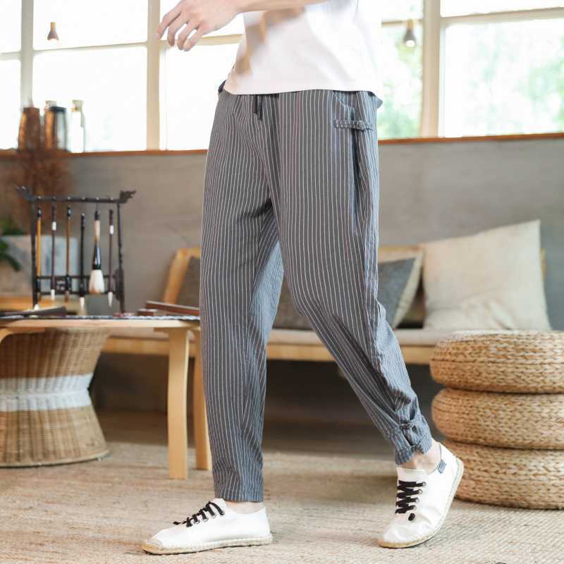 Pantalon Harem Homme Longueur Cheville avec Taille Élastique en Coton et Lin à Rayures – Nouvelle Collection 2026 Vêtements Homme