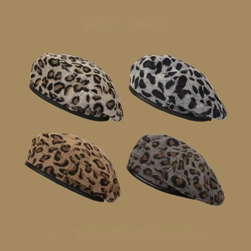 Béret pour femme, imprimé léopard, polyvalent, style rétro japonais, ajustable avec cordon de serrage, chapeau de peintre, automne-hiver, chapeau de style britannique, chapeau citrouille.