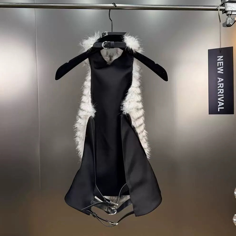 KUCLUT 2025 automne nouveau Y2K imprimé dégradé col montant fourrure Patchwork licou gilet réglable pour les femmes dos nu débardeurs 1A1231