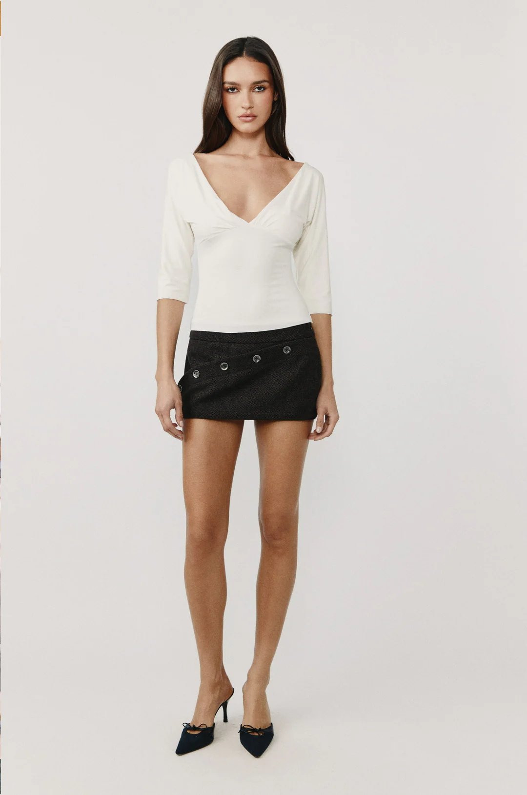 Haut pour femme avec col en V, manches mi-longues, cintré à la taille, ajusté, amincissant, basique et polyvalent, nouveau style français Jean