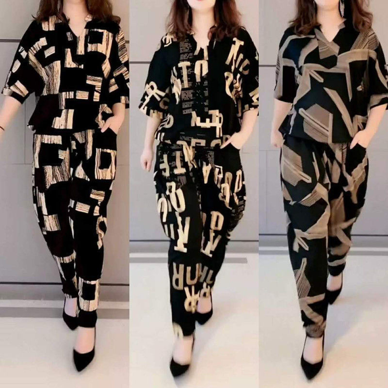 Costume femme 2025 été nouveau décontracté coréen ample imprimé hauts sarouel 2 pièces ensemble correspondant à la mode grande taille vêtements pour les femmes