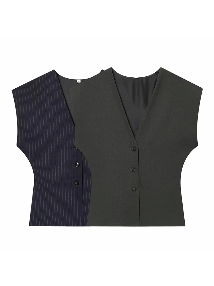 Ensemble 2 pièces mode femme : Gilet sans manches col en V à rayures fines et pantalon plissé ample d'été avec poches et ceinture zippée