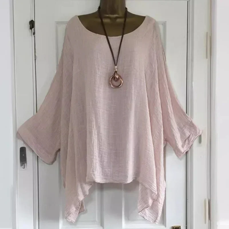 2024 femmes t-shirts grande taille 5XL T-Shirt lin col rond décontracté chemise ample été automne nouveau solide chauve-souris à manches longues