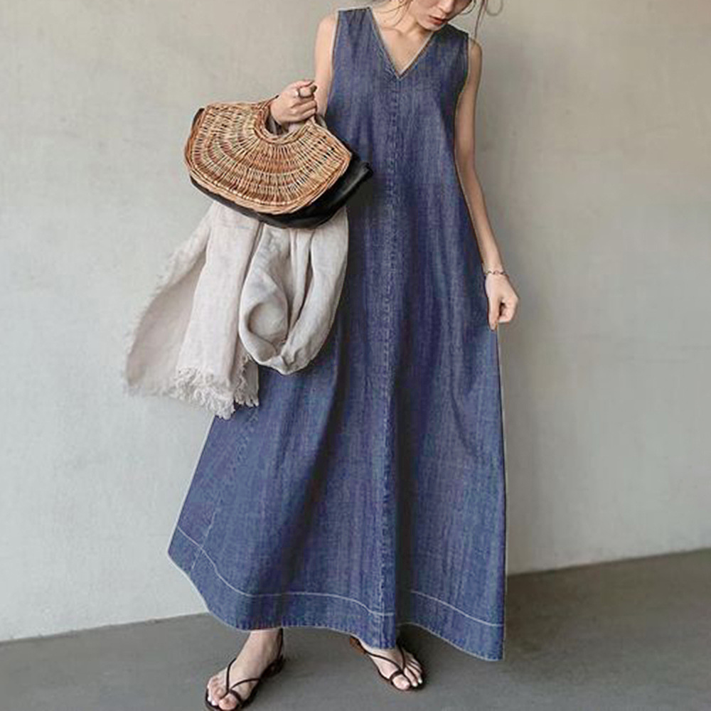 Robes pour femmes, col en V, sans manches, couleur unie, à lacets, épissé, Denim délavé, longueur cheville, robes basique, coupe ample