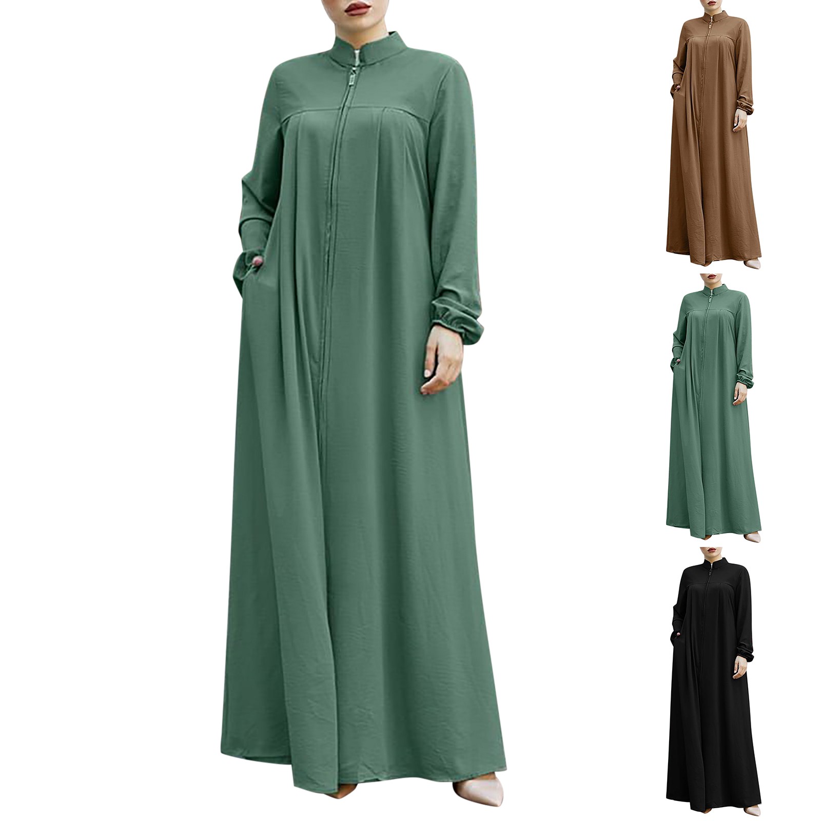 Abayas surdimensionnées pour femmes, robe musulmane avec fermeture éclair sur le devant, avec poches, col montant, vêtements islamiques solides, Jilbab ample