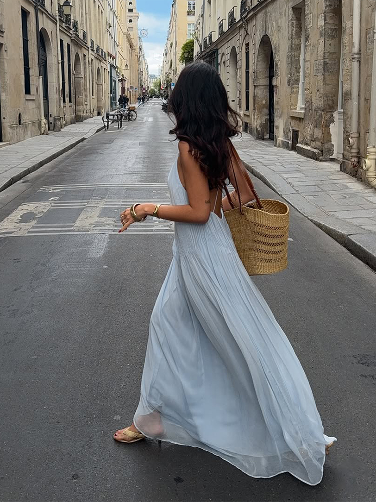 Robe longue de plage en mousseline bleue, dos nu, style bohème, à bretelles, ample, plissée, maxi, pour femmes, idéale pour les vacances d'été, les soirées et les fêtes.