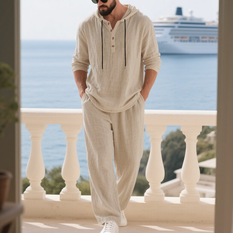 Ensemble chemise à capuche en lin et pantalon de couleur unie pour homme, style américain, printemps-automne, décontracté, confortable et respirant