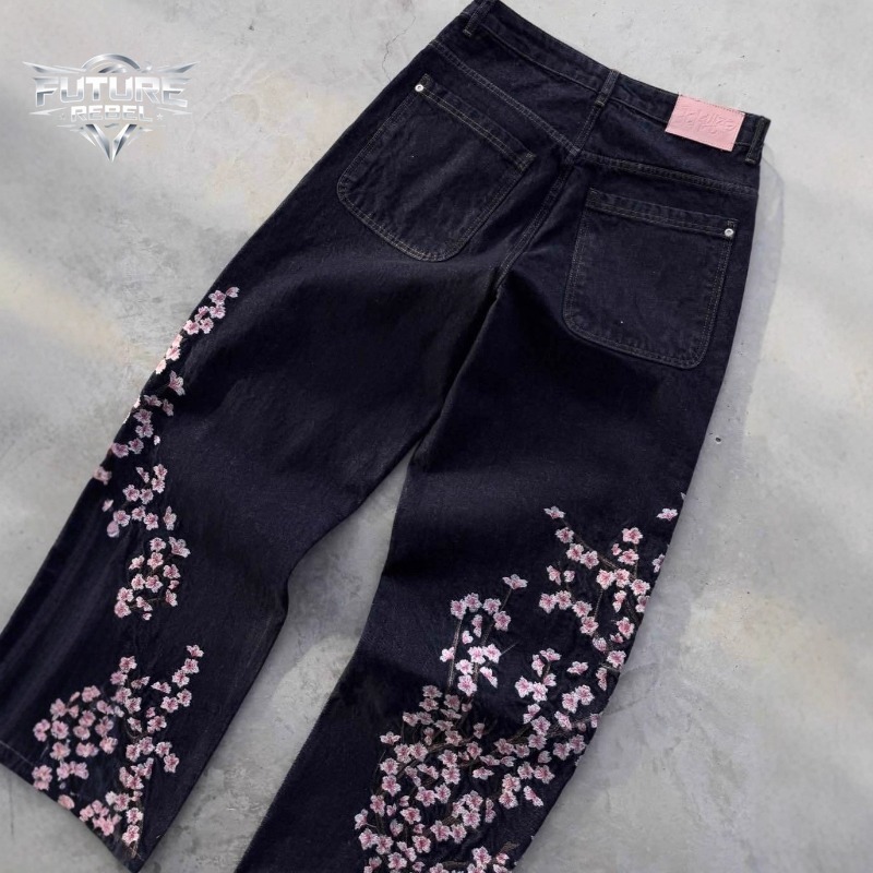 Jeans unisexe Harajuku, streetwear européen et américain, pantalon en denim brodé, coupe ample vintage à motif floral, jambe large droite, décontracté, nouveauté