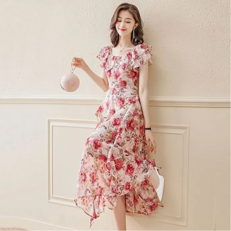 Robe florale en mousseline de soie pour femmes, nouveau Style fin, taille française, tempérament cintré, robes féeriques mi-longues à manches courtes, été