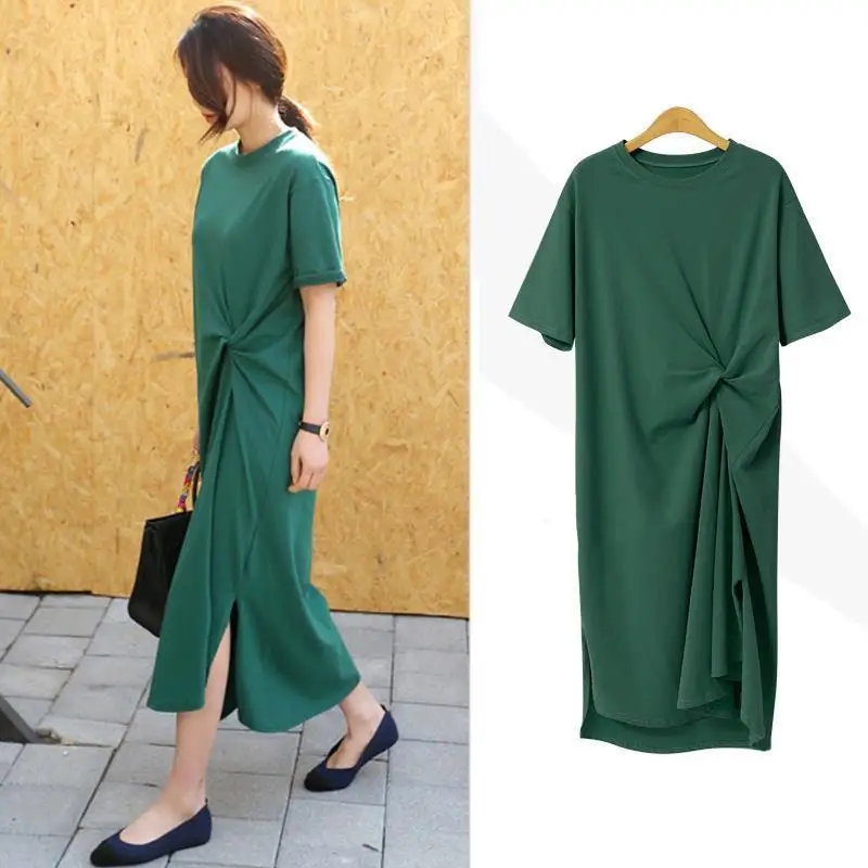 Robe chemise noire mi-longue pour femmes, vêtements de style coréen, fendue sur le côté, manches courtes, 4XL, été, 2024
