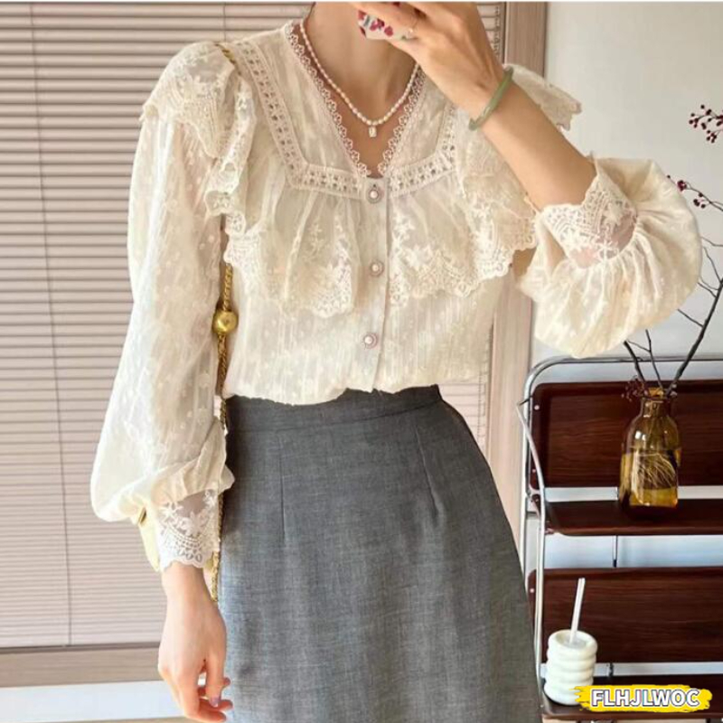 2024 printemps automne chemises de base Blouses femmes mode à manches longues élégant bureau dame travail solide blanc à volants Chic hauts Blusas