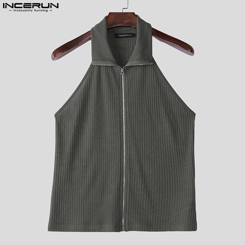 INCERUN hauts 2025 Style coréen mode hommes tricoté Texture col suspendu Design gilets décontracté Streetwear solide fermeture éclair débardeurs
