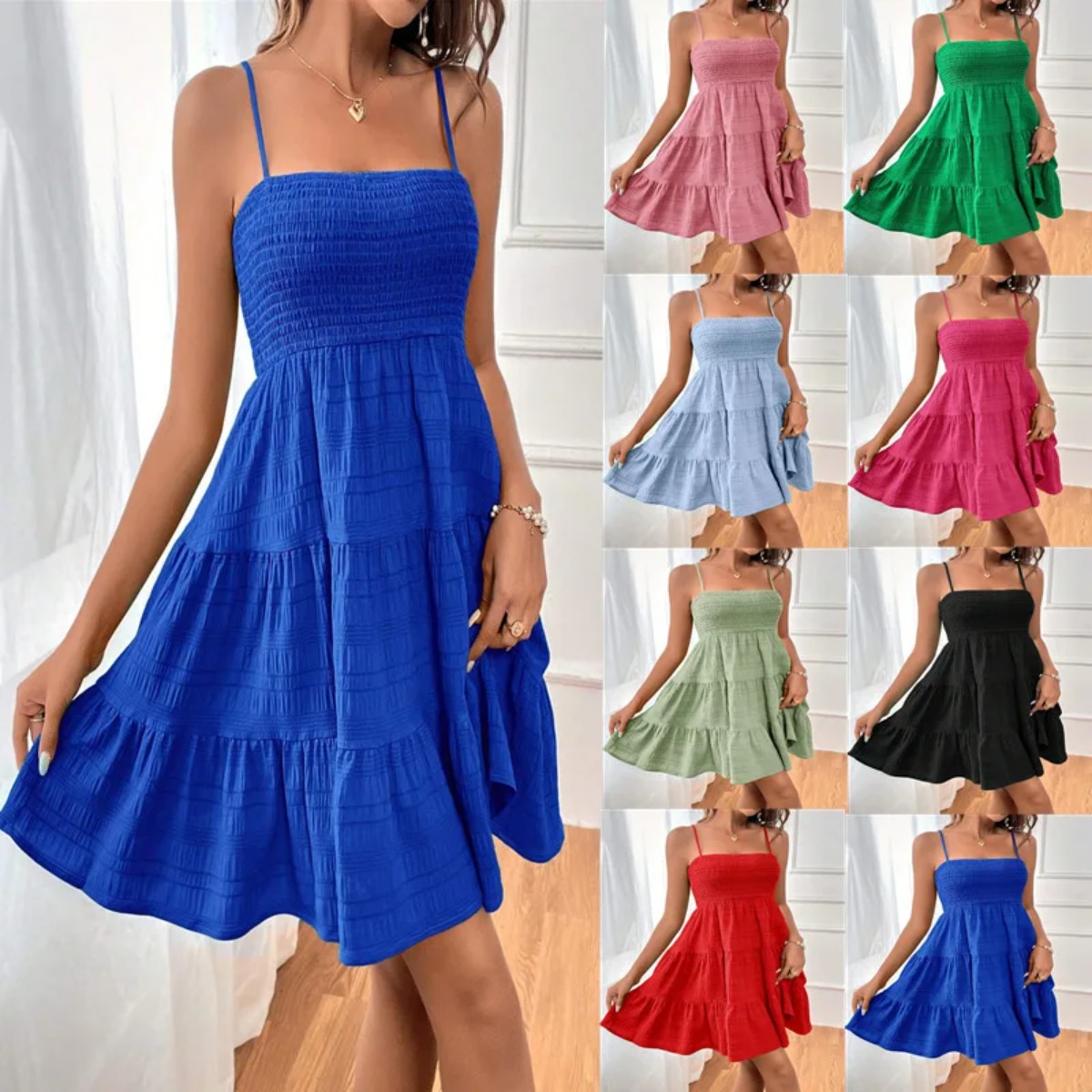 Robe mini bustier smockée à bretelles spaghetti pour femmes, robe à volants à étages bleue, robe décontractée d'été, tenue de plage pour les vacances