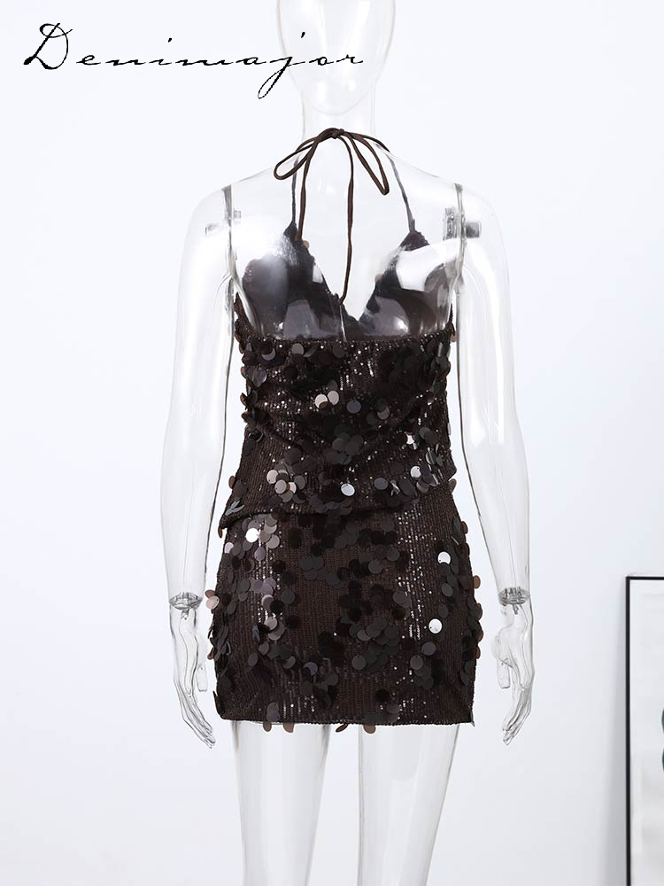 Ensemble Mini jupe Sexy à paillettes, 2 pièces pour femmes, col licou, sans manches, dos nu, gilet, jupe moulante, tenues de Club de fête d'été, 2026
