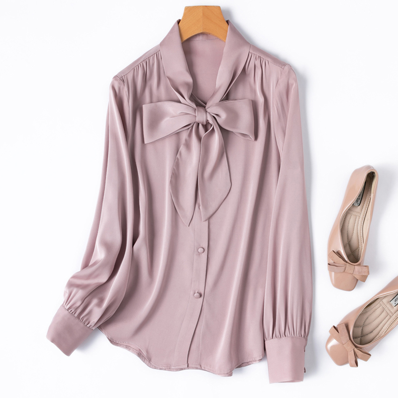 Chemisier en soie véritable pour femmes, haute qualité, hauts 93% soie de mûrier, col à nœud à lacets, Style OL, manches longues, chemises décontractées de luxe