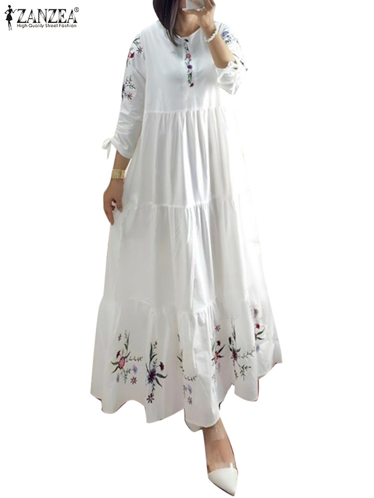 Robe Abaya musulmane à imprimé floral pour femmes modestes, manches 3/4, maxi robe, robe femme ZANZEA, robe d'été élégante, kaftan ample