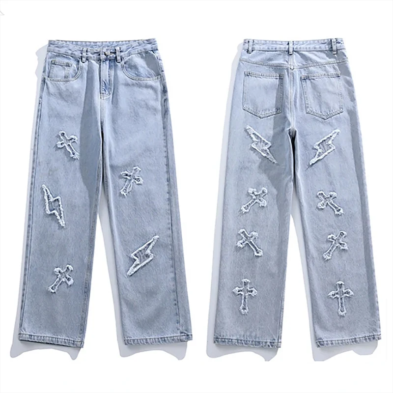 Jean en Denim à jambes droites pour hommes, nouvelle mode décontractée, ample, pantalon Y2k, jambes larges, Hip Hop, noir, bleu
