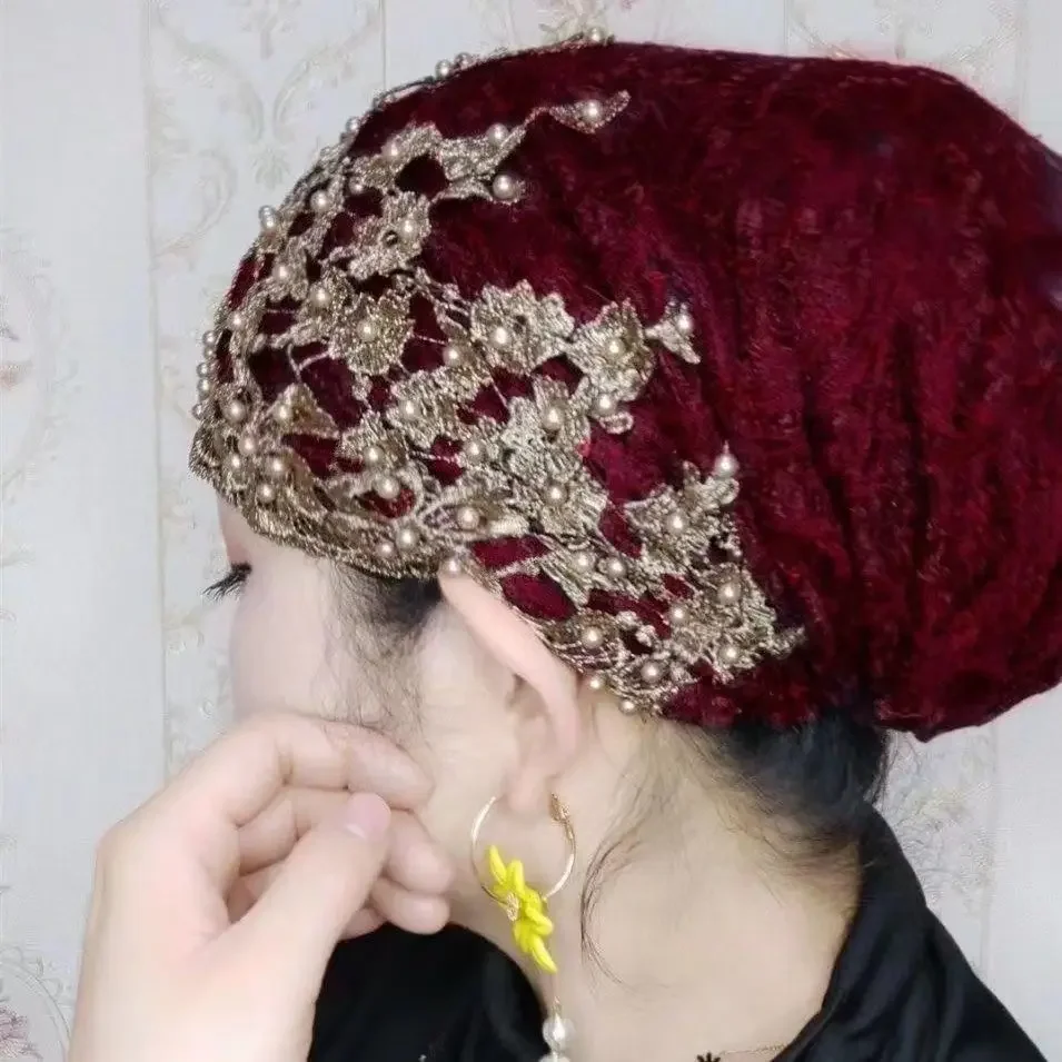 Dames personnalité ethnique perlé chapeau gaze écharpe foulard nouvelle mode foulard pull chapeau dames Baotou chapeau T003