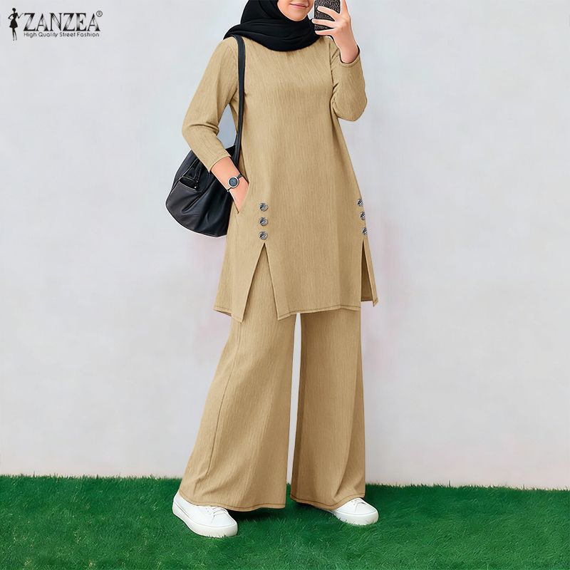 Ensemble élégant 2 pièces pour femme musulmane ZANZEA – Tenue de Ramadan avec hauts à manches longues col rond et pantalon large – Survêtement Hijab Dubaï