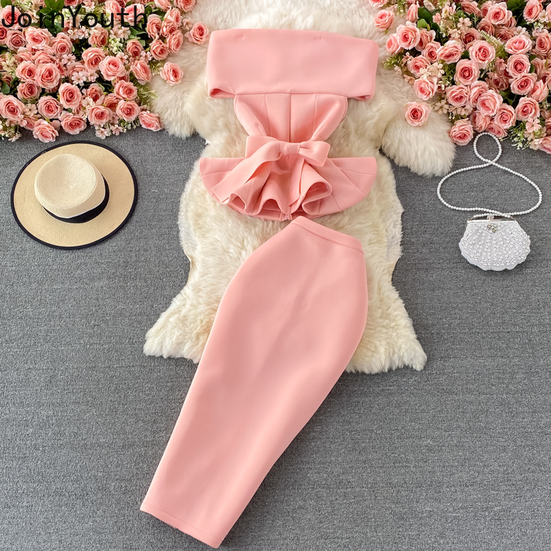 Costume jupe pour femmes, ensemble deux pièces, col Slash, Bandage, nœud, volants, haut court, taille haute, jupes moulantes, tenues d'été Sexy