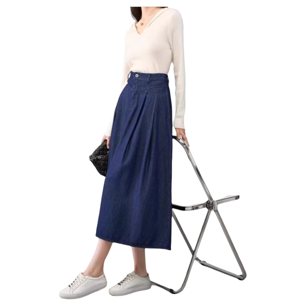 Jupe mi-longue élégante en denim plissée avec poches, coupe trapèze amincissante, taille élastique, nouveau style d'été pour femme