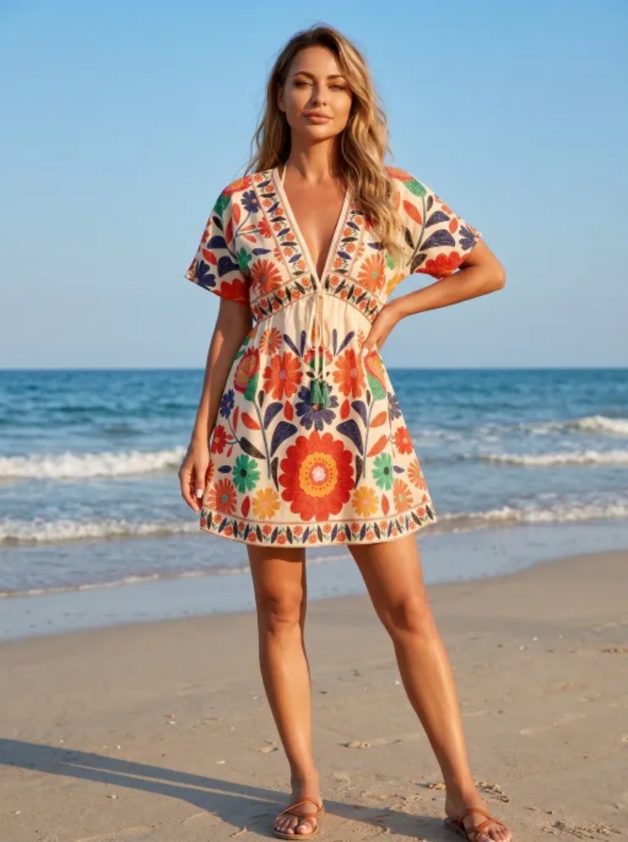 Robe de plage bohème à fleurs, col en V, manches courtes, mini-jupe, parfaite pour vos prochaines vacances
