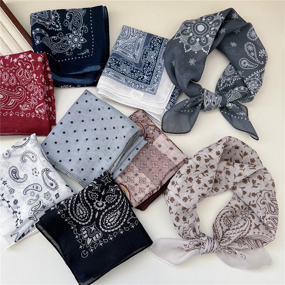 Petits foulards en lin et coton pour femmes, 58x58cm, légers, doux et respirants, foulard Boho imprimé à pois Paisley, Bandana pour cheveux