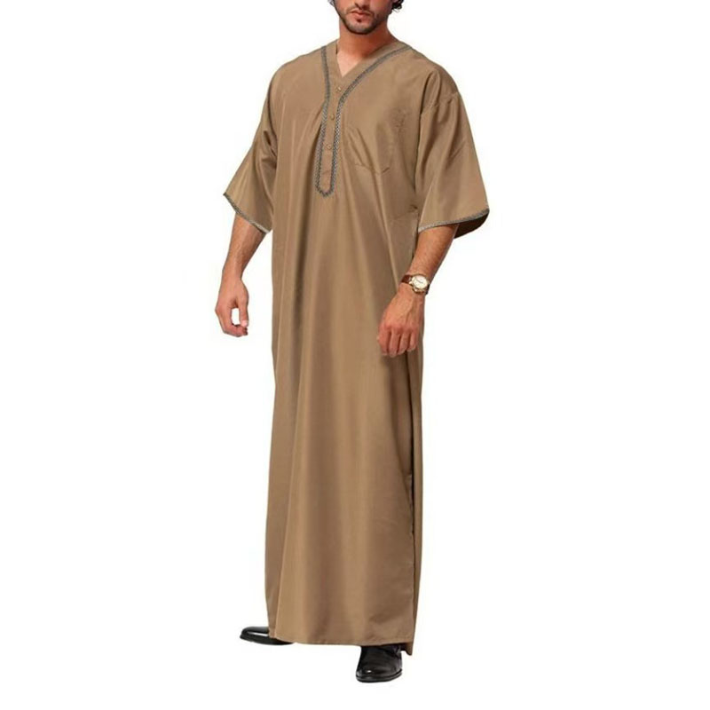 Robes musulmanes pour hommes moyen-orient arabe Ramadan bouton islamique col en v vêtements solide décontracté à manches longues T-shirt robe tunique hauts ﻿