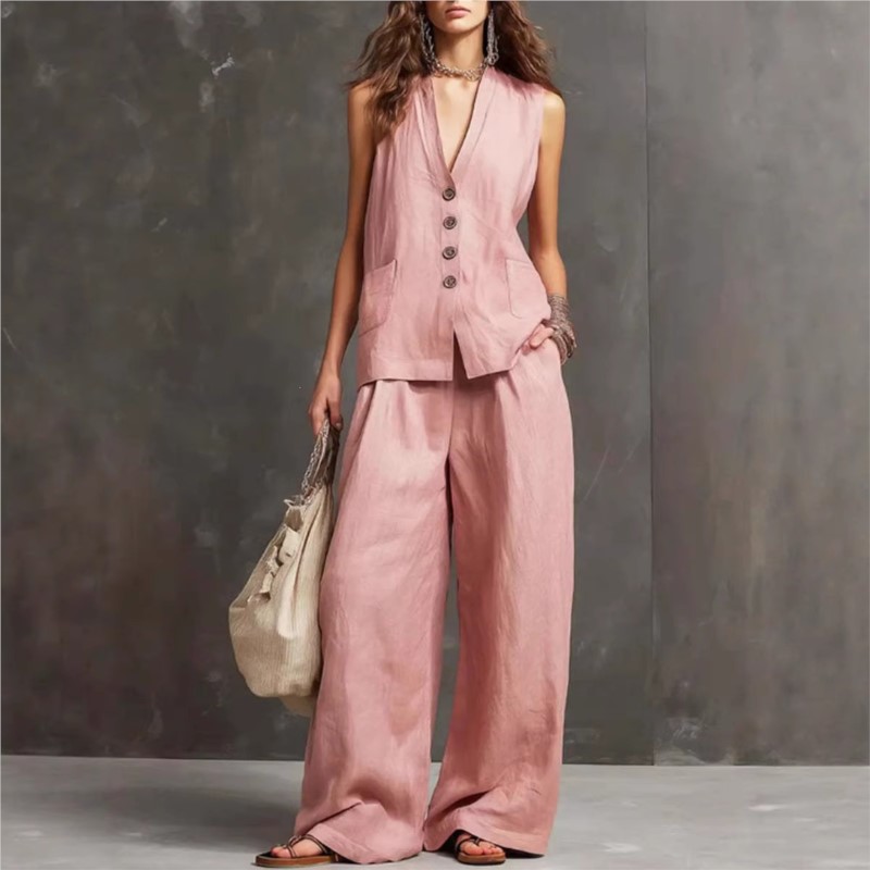 Ensemble deux pièces décontracté en lin et coton pour femme, style mode, avec haut gilet à col en V et pantalon large, idéal pour l'été