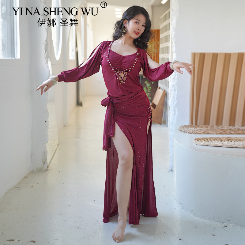 Robe d'entraînement de danse du ventre pour femmes, sexy, ajourée, fendue, longue,