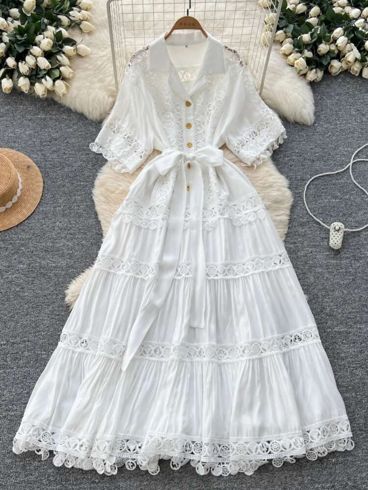 Printemps été Vintage Robe longue femmes dentelle creuse Patchwork à manches courtes revers élégant chemise robes dames de luxe longue Robe