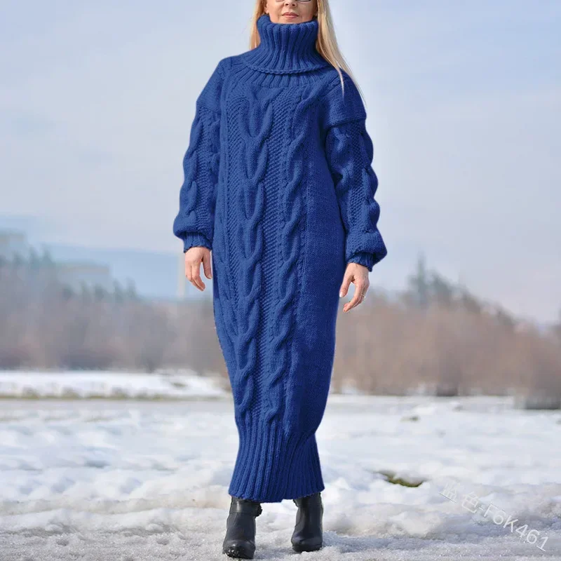 Pull femme hiver col haut couleur unie col roulé pull torsadé pull tricoté ample robe longue pull pour femme nouveau