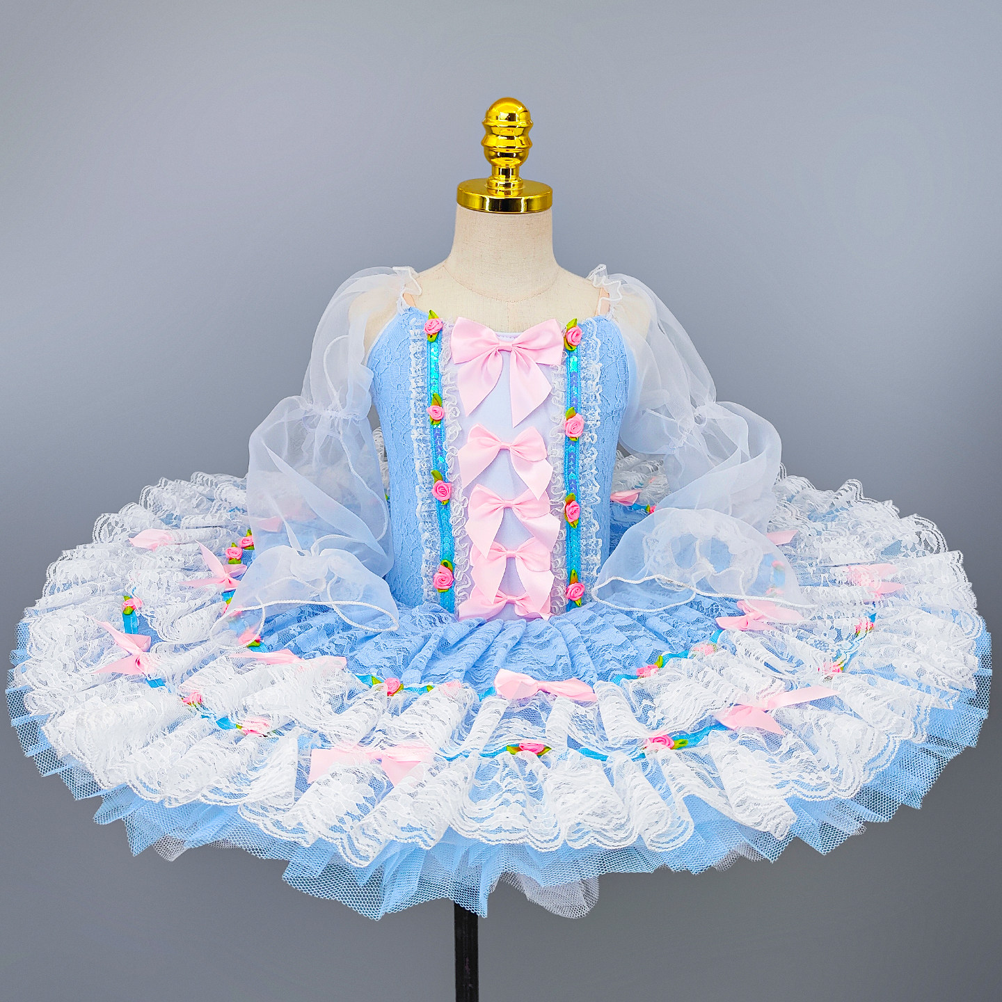 Robe de tutu de ballet à manches longues en dentelle bleue pour filles, costume de ballerine rose à nœud floral pour enfants, robe de scène pour spectacle ou fête