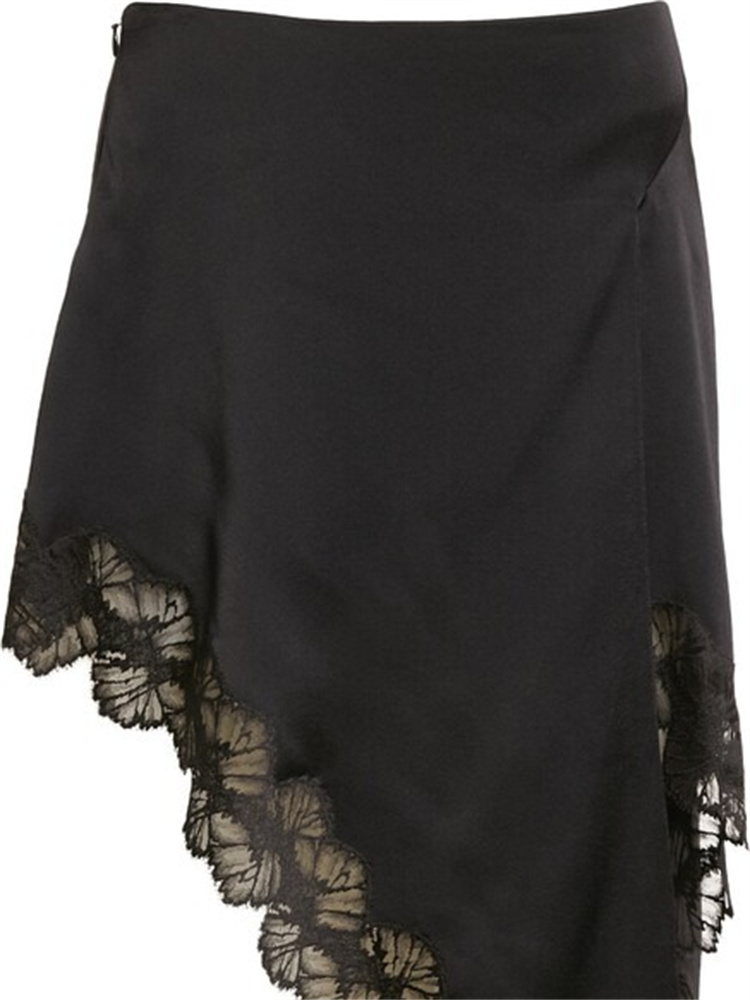 Jupe midi en satin pour femme, bordure en dentelle, ourlet asymétrique, fermeture éclair latérale, jupe élégante, streetwear