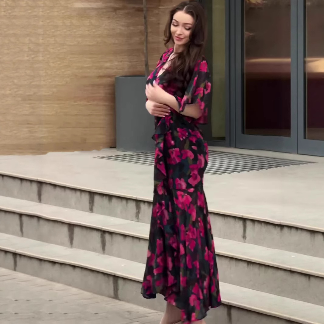 Robes d'été Vintage pour femmes, nouvelle mode américaine et européenne, Sexy, col en v, manches courtes, imprimé floral, longueur cheville, vêtements féminins