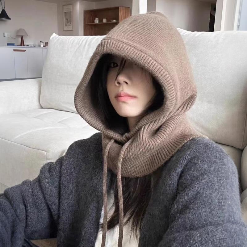 Écharpe à capuche tricotée chapeau cagoule en tricot coréen extérieur écharpe à capuche chaude avec cordon réglable Protection des oreilles bonnets casquette