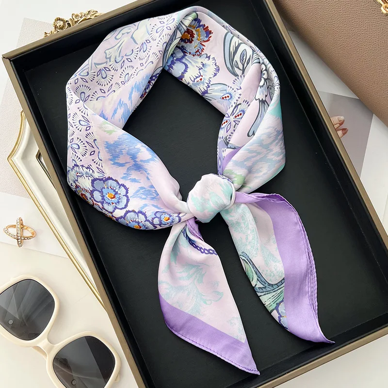 Foulard carré imprimé floral 70x70cm pour femmes, Hijab à la mode, bandeau en Satin doux, Foulard Bandana, cravates